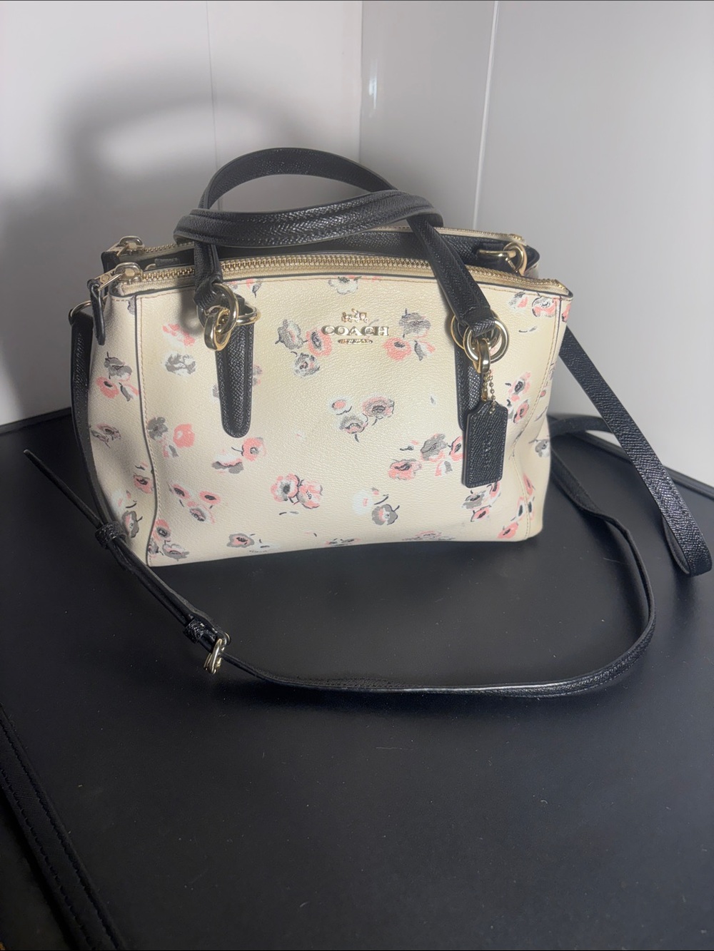 Vintage retired Coach Cream Floral Crossbody Satchel with Black Trim